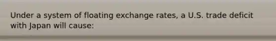 Under a system of floating exchange rates, a U.S. trade deficit with Japan will cause: