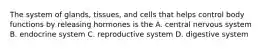 The system of glands, tissues, and cells that helps control body functions by releasing hormones is the A. central nervous system B. endocrine system C. reproductive system D. digestive system