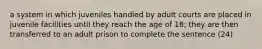 a system in which juveniles handled by adult courts are placed in juvenile facilities until they reach the age of 18; they are then transferred to an adult prison to complete the sentence (24)