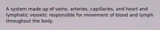 A system made up of veins, arteries, capillaries, and heart and lymphatic vessels; responsible for movement of blood and lymph throughout the body.