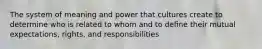 The system of meaning and power that cultures create to determine who is related to whom and to deﬁne their mutual expectations, rights, and responsibilities