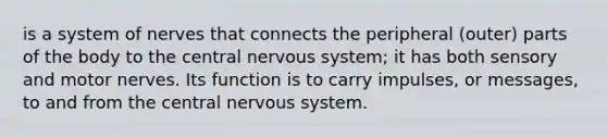 is a system of nerves that connects the peripheral (outer) parts of the body to the central nervous system; it has both sensory and motor nerves. Its function is to carry impulses, or messages, to and from the central nervous system.