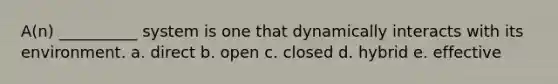 A(n) __________ system is one that dynamically interacts with its environment. a. direct b. open c. closed d. hybrid e. effective