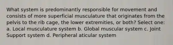 What system is predominantly responsible for movement and consists of more superficial musculature that originates from the pelvis to the rib cage, the lower extremities, or both? Select one: a. Local musculature system b. Global muscular system c. Joint Support system d. Peripheral aticular system