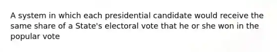 A system in which each presidential candidate would receive the same share of a State's electoral vote that he or she won in the popular vote