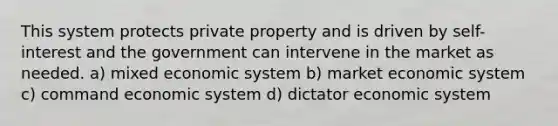 This system protects private property and is driven by self-interest and the government can intervene in the market as needed. a) mixed economic system b) market economic system c) command economic system d) dictator economic system