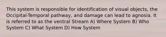 This system is responsible for identification of visual objects, the Occipital-Temporal pathway, and damage can lead to agnosia. It is referred to as the ventral Stream A) Where System B) Who System C) What System D) How System