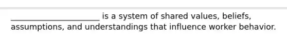 ______________________ is a system of shared values, beliefs, assumptions, and understandings that influence worker behavior.