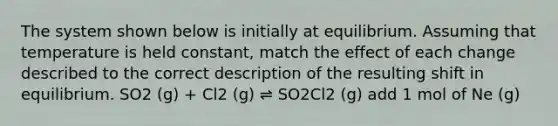 The system shown below is initially at equilibrium. Assuming that temperature is held constant, match the effect of each change described to the correct description of the resulting shift in equilibrium. SO2 (g) + Cl2 (g) ⇌ SO2Cl2 (g) add 1 mol of Ne (g)