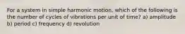 For a system in simple harmonic motion, which of the following is the number of cycles of vibrations per unit of time? a) amplitude b) period c) frequency d) revolution