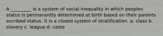 A _________ is a system of social inequality in which peoples status is permanently determined at birth based on their parents ascribed status. It is a closed system of stratification. a. class b. slavery c. league d. caste