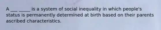 A ___ _____ is a system of social inequality in which people's status is permanently determined at birth based on their parents ascribed characteristics.