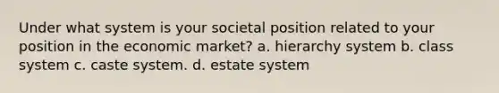 Under what system is your societal position related to your position in the economic market? a. hierarchy system b. class system c. caste system. d. estate system