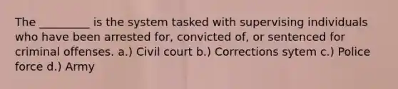 The _________ is the system tasked with supervising individuals who have been arrested for, convicted of, or sentenced for criminal offenses. a.) Civil court b.) Corrections sytem c.) Police force d.) Army