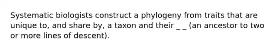 Systematic biologists construct a phylogeny from traits that are unique to, and share by, a taxon and their _ _ (an ancestor to two or more lines of descent).