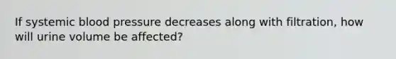 If systemic blood pressure decreases along with filtration, how will urine volume be affected?