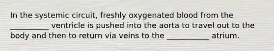 In the systemic circuit, freshly oxygenated blood from the __________ ventricle is pushed into the aorta to travel out to the body and then to return via veins to the ___________ atrium.