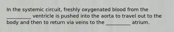 In the systemic circuit, freshly oxygenated blood from the __________ ventricle is pushed into the aorta to travel out to the body and then to return via veins to the __________ atrium.