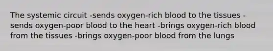 The systemic circuit -sends oxygen-rich blood to the tissues -sends oxygen-poor blood to <a href='https://www.questionai.com/knowledge/kya8ocqc6o-the-heart' class='anchor-knowledge'>the heart</a> -brings oxygen-rich blood from the tissues -brings oxygen-poor blood from the lungs