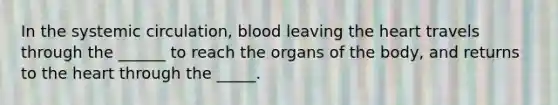 In the systemic circulation, blood leaving the heart travels through the ______ to reach the organs of the body, and returns to the heart through the _____.