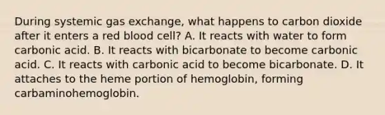 During systemic gas exchange, what happens to carbon dioxide after it enters a red blood cell? A. It reacts with water to form carbonic acid. B. It reacts with bicarbonate to become carbonic acid. C. It reacts with carbonic acid to become bicarbonate. D. It attaches to the heme portion of hemoglobin, forming carbaminohemoglobin.