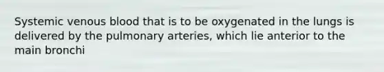 Systemic venous blood that is to be oxygenated in the lungs is delivered by the pulmonary arteries, which lie anterior to the main bronchi