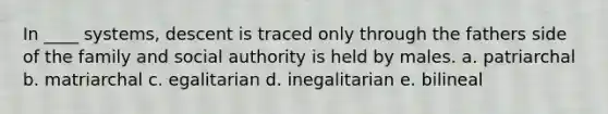 In ____ systems, descent is traced only through the fathers side of the family and social authority is held by males. a. patriarchal b. matriarchal c. egalitarian d. inegalitarian e. bilineal