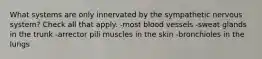 What systems are only innervated by the sympathetic nervous system? Check all that apply. -most blood vessels -sweat glands in the trunk -arrector pili muscles in the skin -bronchioles in the lungs