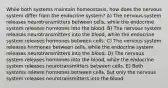 While both systems maintain homeostasis, how does the nervous system differ from the endocrine system? A) The nervous system releases neurotransmitters between cells, while the endocrine system releases hormones into the blood. B) The nervous system releases neurotransmitters into the blood, while the endocrine system releases hormones between cells. C) The nervous system releases hormones between cells, while the endocrine system releases neurotransmitters into the blood. D) The nervous system releases hormones into the blood, while the endocrine system releases neurotransmitters between cells. E) Both systems release hormones between cells, but only the nervous system releases neurotransmitters into the blood.