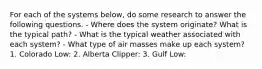 For each of the systems below, do some research to answer the following questions. - Where does the system originate? What is the typical path? - What is the typical weather associated with each system? - What type of air masses make up each system? 1. Colorado Low: 2. Alberta Clipper: 3. Gulf Low: