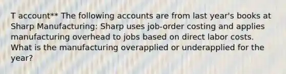 T account** The following accounts are from last year's books at Sharp Manufacturing: Sharp uses job-order costing and applies manufacturing overhead to jobs based on direct labor costs. What is the manufacturing overapplied or underapplied for the year?