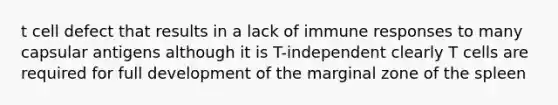 t cell defect that results in a lack of immune responses to many capsular antigens although it is T-independent clearly T cells are required for full development of the marginal zone of the spleen