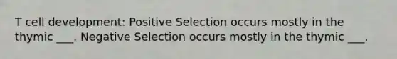 T cell development: Positive Selection occurs mostly in the thymic ___. Negative Selection occurs mostly in the thymic ___.