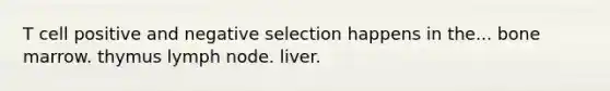 T cell positive and negative selection happens in the... bone marrow. thymus lymph node. liver.