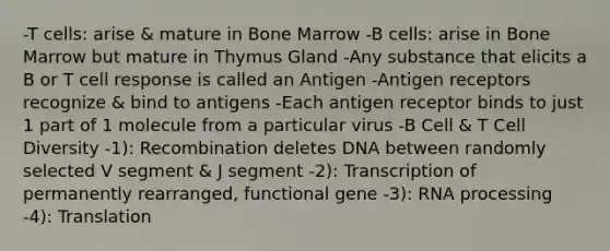 -T cells: arise & mature in Bone Marrow -B cells: arise in Bone Marrow but mature in Thymus Gland -Any substance that elicits a B or T cell response is called an Antigen -Antigen receptors recognize & bind to antigens -Each antigen receptor binds to just 1 part of 1 molecule from a particular virus -B Cell & T Cell Diversity -1): Recombination deletes DNA between randomly selected V segment & J segment -2): Transcription of permanently rearranged, functional gene -3): RNA processing -4): Translation