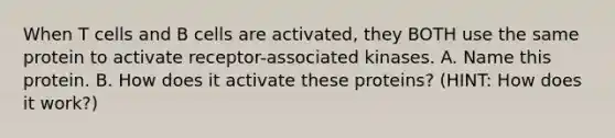 When T cells and B cells are activated, they BOTH use the same protein to activate receptor-associated kinases. A. Name this protein. B. How does it activate these proteins? (HINT: How does it work?)