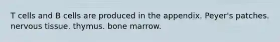 T cells and B cells are produced in the appendix. Peyer's patches. nervous tissue. thymus. bone marrow.