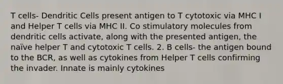 T cells- Dendritic Cells present antigen to T cytotoxic via MHC I and Helper T cells via MHC II. Co stimulatory molecules from dendritic cells activate, along with the presented antigen, the naïve helper T and cytotoxic T cells. 2. B cells- the antigen bound to the BCR, as well as cytokines from Helper T cells confirming the invader. Innate is mainly cytokines