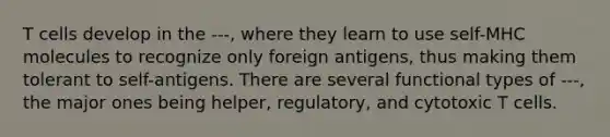 T cells develop in the ---, where they learn to use self-MHC molecules to recognize only foreign antigens, thus making them tolerant to self-antigens. There are several functional types of ---, the major ones being helper, regulatory, and cytotoxic T cells.
