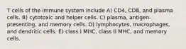 T cells of the immune system include A) CD4, CD8, and plasma cells. B) cytotoxic and helper cells. C) plasma, antigen-presenting, and memory cells. D) lymphocytes, macrophages, and dendritic cells. E) class I MHC, class II MHC, and memory cells.