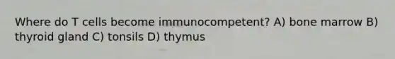 Where do T cells become immunocompetent? A) bone marrow B) thyroid gland C) tonsils D) thymus