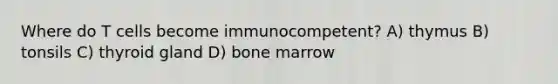 Where do T cells become immunocompetent? A) thymus B) tonsils C) thyroid gland D) bone marrow