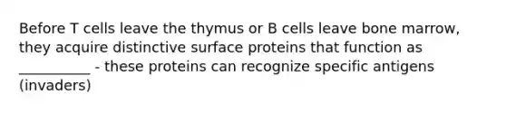 Before T cells leave the thymus or B cells leave bone marrow, they acquire distinctive surface proteins that function as __________ - these proteins can recognize specific antigens (invaders)