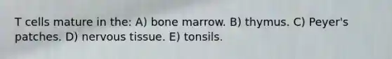 T cells mature in the: A) bone marrow. B) thymus. C) Peyer's patches. D) <a href='https://www.questionai.com/knowledge/kqA5Ws88nP-nervous-tissue' class='anchor-knowledge'>nervous tissue</a>. E) tonsils.