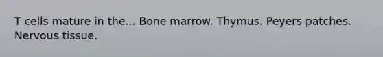 T cells mature in the... Bone marrow. Thymus. Peyers patches. Nervous tissue.
