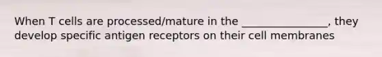 When T cells are processed/mature in the ________________, they develop specific antigen receptors on their cell membranes