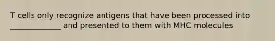 T cells only recognize antigens that have been processed into _____________ and presented to them with MHC molecules