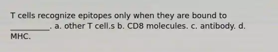 T cells recognize epitopes only when they are bound to __________. a. other T cell.s b. CD8 molecules. c. antibody. d. MHC.