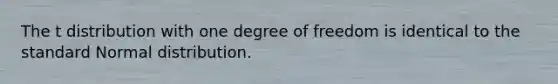 The t distribution with one degree of freedom is identical to the standard Normal distribution.