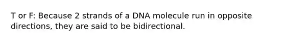 T or F: Because 2 strands of a DNA molecule run in opposite directions, they are said to be bidirectional.